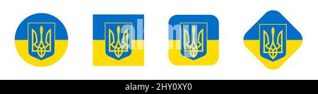Wappen der Ukraine. Satz von Dreizack-Symbolen. Staatsemblem auf dem Hintergrund auf der Flagge. Nationales ukrainisches Symbol. Vektorgrafik. Stock Vektor
