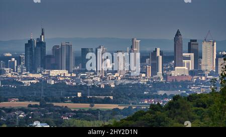 Schöne Aufnahme des Stadtbildes von Frankfurt und Frankfurt Stadtwald gegen bewölkten Himmel, Deutschland Stockfoto