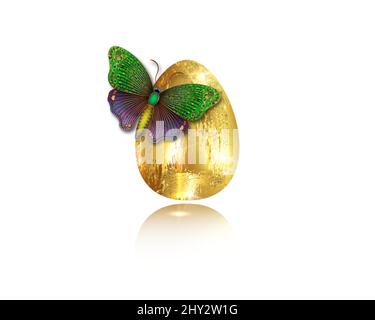 Realistisches goldenes Ei mit Luxus-Schmetterling, Ostern Konzept Vektor-Illustration isoliert auf weißem Hintergrund Stock Vektor