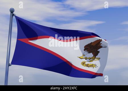 3D Illustration der Flagge des Amerikaners Samoa, die am Himmel winkt. Stockfoto