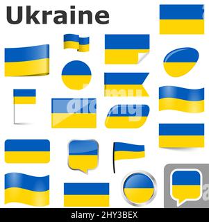 eps-Vektor-Illustration mit Sammlung von Fahnen und Knöpfen mit Nationallandfarben der Ukraine Stock Vektor