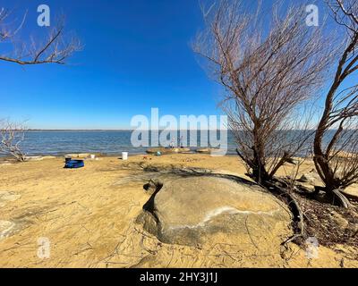 Fernansicht von Kindern, die am sandigen Ufer des Lake Lewisville in Texas, USA, spielen Stockfoto