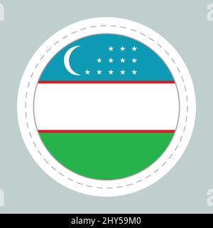Sticker Ball mit Flagge von Usbekistan. Runde Kugel, Vorlagensymbol. Nationales Symbol. Glänzende realistische Kugel, 3D abstrakte Vektorgrafik. Große Blase Stock Vektor
