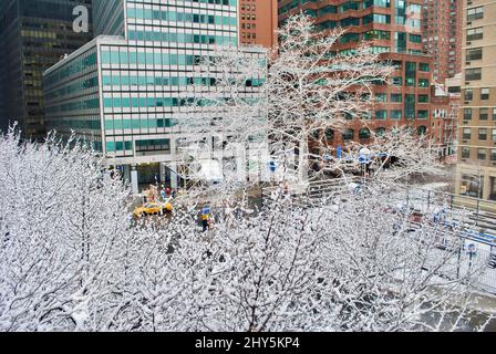 Titanic Memorial Park, umgeben von schneebedeckten Bäumen in Downtown Manhattan nach einem Schneesturm, New York, NY, USA Stockfoto