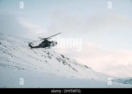 Eine US Marine Corps Bell AH-1Z Viper mit Marine Light Attack Helicopter Squadron 269 (HMLA-269), 2. Marine Aircraft Wing, führt vor der Übung Cold Response 22 in Setermoen, Norwegen, 8. März 2022, enge Luftunterstützung durch. Übung Cold Response 22 ist eine alle zwei Jahre stattfindende norwegische nationale Bereitschafts- und Verteidigungsübung, die in ganz Norwegen stattfindet und an der jeder seiner Militärdienste, darunter 26 mit der Organisation des Nordatlantikvertrags (NATO) verbündete Nationen und regionale Partner, teilnehmen. (USA Marine Corps Foto von Sgt. William Chockey) Stockfoto