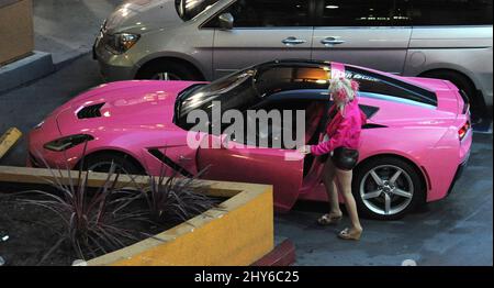 Billboard Queen Angelyne fährt in ihrer brandneuen Pink Corvette durch Hollywood, 30. Januar 2015 Hollywood, ca. Stockfoto