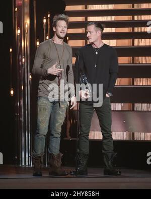 Tyler Hubbard, Brian Kelley, Florida Georgia Line, Teilnahme an den jährlichen CMA Awards 49. in Nashville, Tennessee, USA. Stockfoto