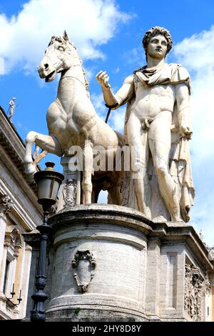 Statue des Castors, die auf einer Treppe auf der Piazza Campidoglio in Rom, Italien, steht Stockfoto
