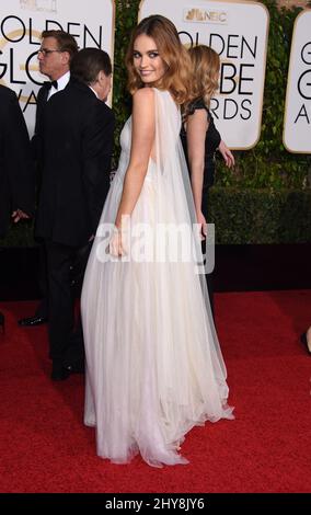 Lily James nimmt an den jährlichen Golden Globe Awards 73. Teil, die am 10. Januar 2016 im Beverly Hilton Hotel in Los Angeles verliehen wurden. Stockfoto