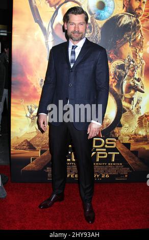 Nikolaj Coster-Waldau nimmt an der Premiere von „Gods of Egypt“ auf dem AMC Loews Lincoln Square am Mittwoch, den 24. Februar 2016, in New York Teil. Stockfoto