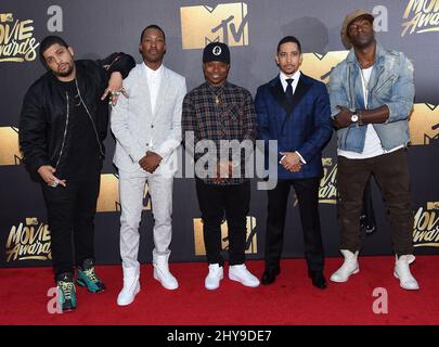 O'Shea Jackson Jr., Corey Hawkins, Jason Mitchell, Neil Brown Jr. & Aldis Hodge bei den MTV Movie Awards 2016 in den Warner Bros. Studios in Los Angeles, USA. Stockfoto