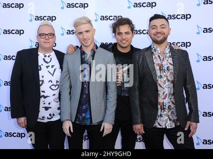 Sean Waugaman, Nichola Petricca, Kevin Ray, Eli Maiman, „Walk the Moon“, Teilnahme an den ASCAP Pop Awards 2016 im Dolby Theater in Los Angeles, USA. Stockfoto