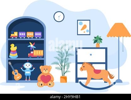 Nette Kinder Spielzeugkiste voll im Kindergarten in flacher Cartoon-Stil Illustration. Innenraum des Spielzimmer für Spaß und Gaming Stock Vektor