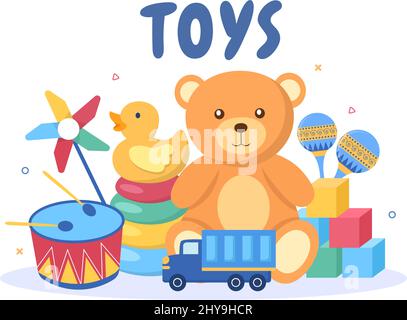 Nette Kinder Spielzeugkiste voll im Kindergarten in flacher Cartoon-Stil Illustration. Innenraum des Spielzimmer für Spaß und Gaming Stock Vektor