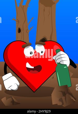 Herz-Form mit halten eine Flasche als Zeichentrickfigur, lustige rote Liebe Urlaub Illustration. Stock Vektor