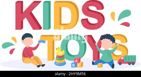 Nette Kinder spielen mit verschiedenen Spielzeug im Kindergarten in Flat Cartoon Style Illustration. Innenraum des Spielzimmer für Spaß und Gaming Stock Vektor
