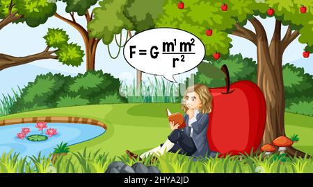 Isaac Newton sitzt unter Apfelbaum Illustration Stock Vektor