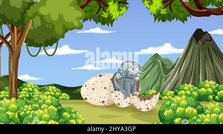 Naturszene mit Bäumen auf Bergen mit Dinosaurier-Illustration Stock Vektor