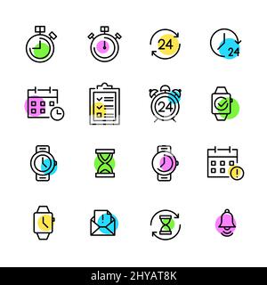 Symbole für die Zeit- und Datumsvektorlinie. Kalenderplaner, Sanduhr, Uhr, Timer, Wecker, 24 Stunden. Pixel Perfect, bearbeitbare Konturfarbe eingestellt Stock Vektor