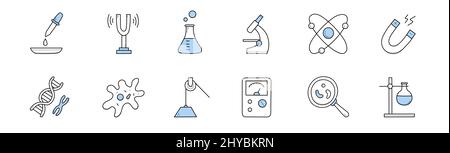 Set von Science Doodle Ikonen, chemischen Laborgeräten und Werkzeugen der wissenschaftlichen Physik. Pipette, Becher, Labormikroskop, dna, Mikroorganismus-Zellen, Lupe, Meterlinie Art Vektorgrafik Stock Vektor