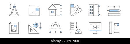 Set Architect Doodle Icons, Bauprojekt, Kompass, Architektur flache Blaupause Layout, Hausplan, Farbpalette, Winkelmesser, Bleistift, Messinstrumente, pc-Desktop Line Art Vektorgrafik Stock Vektor