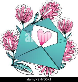Ein offener Brief mit Herz, gezeichnete Elemente im Doodle-Stil. Umschlag von Blumen umgeben. Niedliche Valentinskarte Stock Vektor