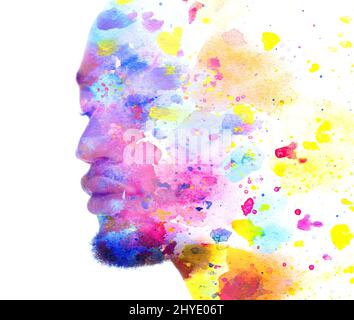 Paintographie. Abstrakte Aquarell-Spritzer kombiniert mit einem Porträt eines Mannes. Stockfoto