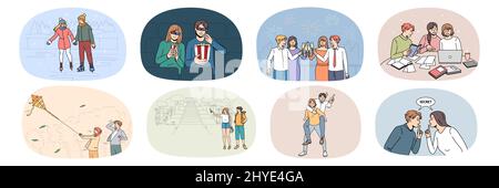 Sammlung von glücklichen Freunden viel Spaß Genießen Sie Freizeit Wochenende zusammen entspannen. Eine Gruppe von Millennials Studenten haben Spaß beim Lernen und Ausruhen genießen das College-Leben auf dem Campus. Flache Vektorgrafik. Stock Vektor