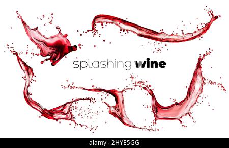 Rotwein isoliert Spritzer mit Tropfen, flüssiger Alkoholdrink wirbeln. Transparente Vektorwellen, spritzende Wirbel, aqua-dynamische Bewegungselemente mit Sprühtöpfchen. Alco Beverage ad realistisches 3D Design Stock Vektor