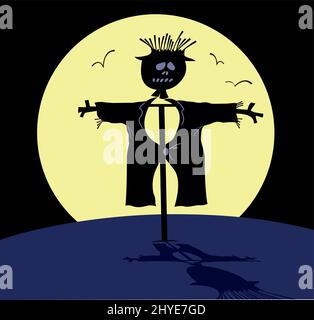 Nacht. Vollmond. Lustige Vogelscheuche Silhouette Illustration. Cartoon Vogelscheuche, Vögel auf dem Vollmond Hintergrund Stock Vektor
