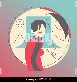 Model posiert, Fotografie Videografie Beleuchtung Setup, Szene aus dem Studio, Blitzlicht Studio-Einstellung, Frau Porträt, minimalistische Ikone, Beleuchtung Stock Vektor