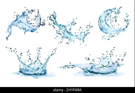 Die Wasserkrone spritzt und die Welle wirbelt mit Tropfen. Vector transparente blaue Flüssigkeit spritzt Flüssigkeiten mit Tröpfchen, isoliert realistische 3D Elemente, frisches Getränk, klares Aqua fallen oder gießen mit Luftblasen Stock Vektor