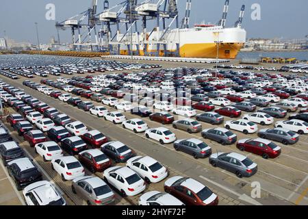 YANTAI, CHINA - 15. MÄRZ 2022 - Eine große Anzahl von Nutzfahrzeugen wartet auf die Beladung im Hafen von Yantai, der ostchinesischen Provinz Shandong, März Stockfoto