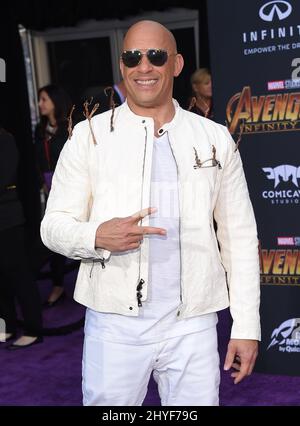 Vin Diesel bei der Weltpremiere von Avengers: Unendlichkeit war, die im El Capitan Theatre in Hollywood, Kalifornien, stattfand Stockfoto