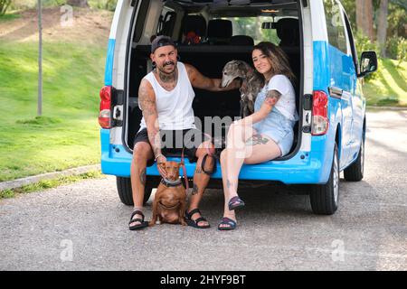 Das junge tätowierte Paar mit ihren Hunden sitzt hinten im Van. Stockfoto