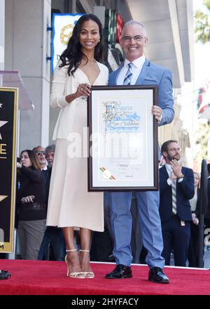 Mitch O'Farrell und Zoe Saldana bei der Zoe Saldana Star Ceremony, die am 3. Mai 2018 auf dem Hollywood Walk of Fame in Hollywood, ca. Stockfoto