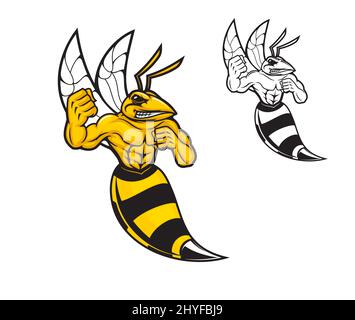 Hornet Bee Sport Team Maskottchen Charakter, Vektor Hornet oder Wespe. Cartoon starke Muskelhornbiene mit Stich- und Punchfäusten, aggressive Hummel für Fußball oder Fußballverein oder Sportmannschaftsemblem Stock Vektor