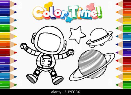 Arbeitsblattsheets mit farbiger Zeitdarstellung und Astronaut-Gliederungsdarstellung Stock Vektor