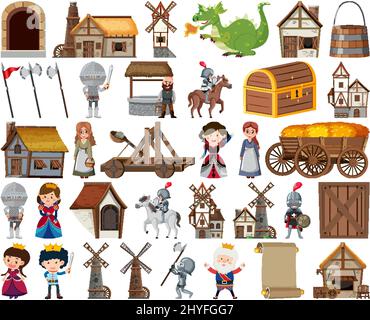 Mittelalterliche Figuren Gebäude Set Illustration Stock Vektor