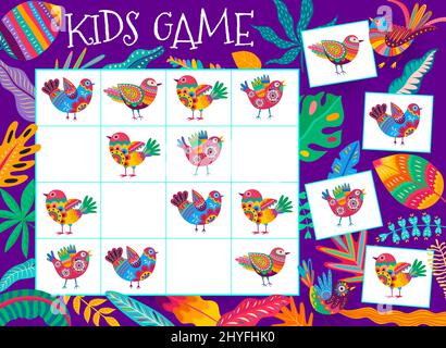 Sudoku Kinder Spiel. Cartoon alebrije mexikanische Vögel. Vektor Lerntest, Kinder Brettspiel Rätsel oder Quiz Puzzle Arbeitsblatt mit Cartoon bunte Vögel und helle tropische Blumen Stock Vektor