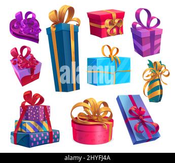 Geschenke oder Geschenke zu Weihnachten, Geburtstag und Valentinstag. Urlaubsvektorboxen mit lockigen Schleifen. Cartoon geschenkboxen für Valentinstag, Weihnachten oder Geburtstag festliche Veranstaltung Feier, isolierte Objekte gesetzt Stock Vektor