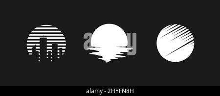 Set von retrowave Design-Elementen, Sonnenuntergänge. Sonne mit großen Wolkenkratzern Silhouette, flüssige Reflexion und diagonalen Streifen. Packung retrowave 1980s Stock Vektor