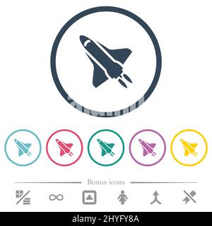 Space Shuttle mit Antrieb flache Farb-Icons in runden Umrissen. 6 Bonus-Symbole enthalten. Stock Vektor