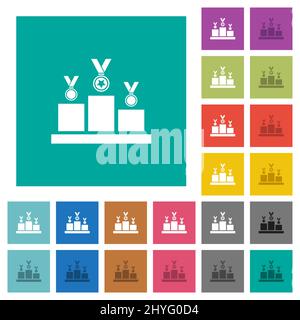Siegerpodium mit mehrfarbigen flachen Symbolen auf schlichten quadratischen Hintergründen. Weiße und dunklere Symbolvarianten für schwebe- oder aktive Effekte. Stock Vektor