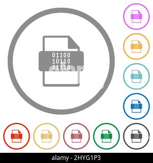 Flache Farbsymbole mit binärem Dateityp in runden Umrissen auf weißem Hintergrund Stock Vektor
