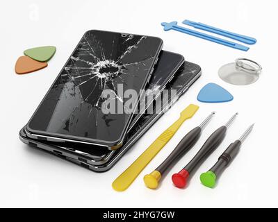 Reparatur-Tools und Smartphones mit defekten Bildschirmen isoliert auf weißem Hintergrund. Stockfoto