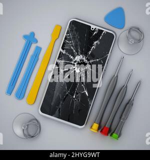 Reparatur-Tools und Smartphones mit defekten Bildschirmen isoliert auf grauem Hintergrund. 3D Abbildung. Stockfoto