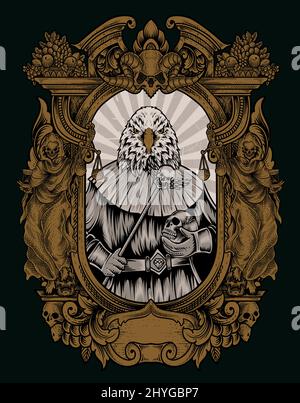 Illustration Grusel Adler satan auf Gravur Ornament Rahmen Stock Vektor