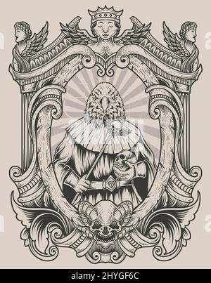 Illustration Grusel Adler satan auf Gravur Ornament Rahmen Stock Vektor