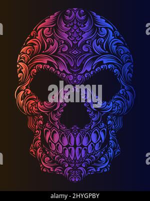 Abbildung Schädel Kopf Gravur Ornament Stil mit Neon-Farbe Stock Vektor